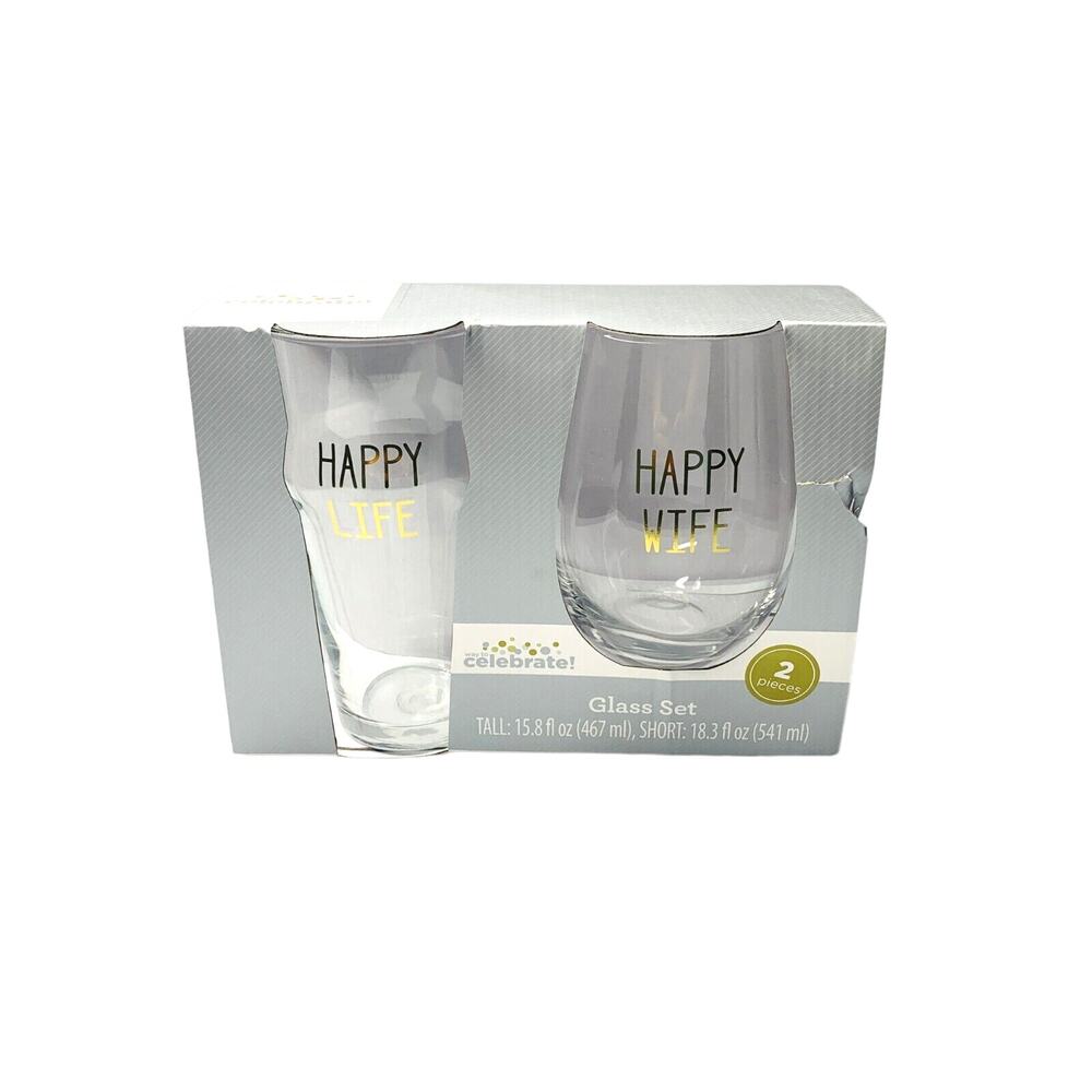 Way to Celebrate Glass Set, Happy Life Happy Wife, Beer and Wine Glass Set